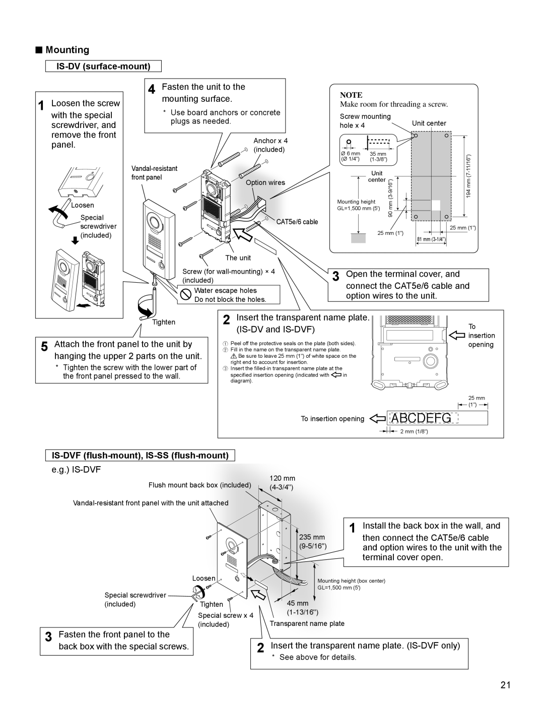 Aiphone Fasten the unit to Mounting surface, Insert the transparent name plate. IS-DV and IS-DVF, Is-Dvf 