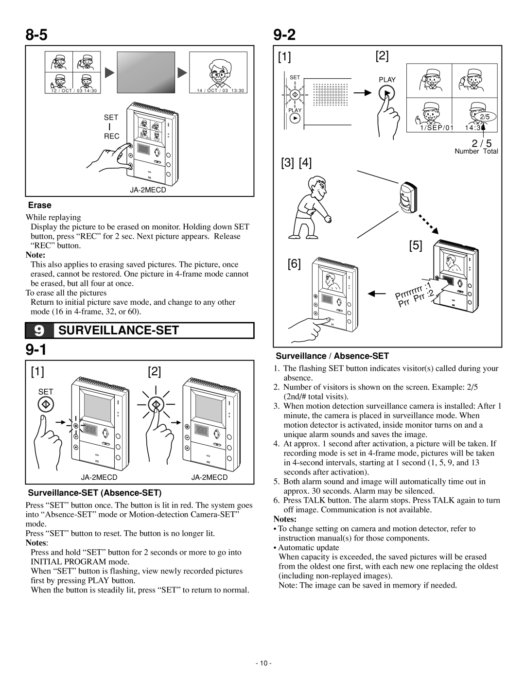 Aiphone JA-2MECD, Ja-2hcd, JA-2MCD operation manual Erase, Surveillance-SET Absence-SET, Surveillance / Absence-SET 