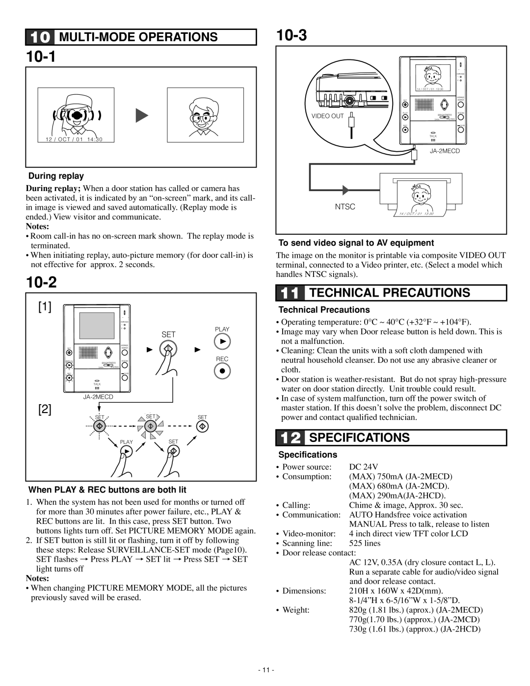 Aiphone JA-2MCD, Ja-2hcd, JA-2MECD operation manual MULTI-MODE Operations, Technical Precautions, Specifications 