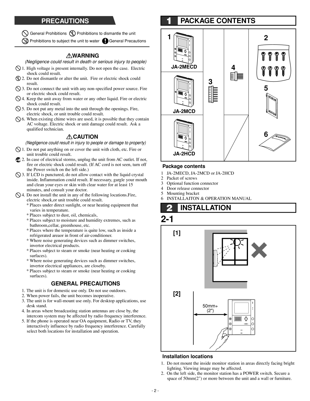 Aiphone JA-2MCD, Ja-2hcd, JA-2MECD operation manual Package Contents, Installation 