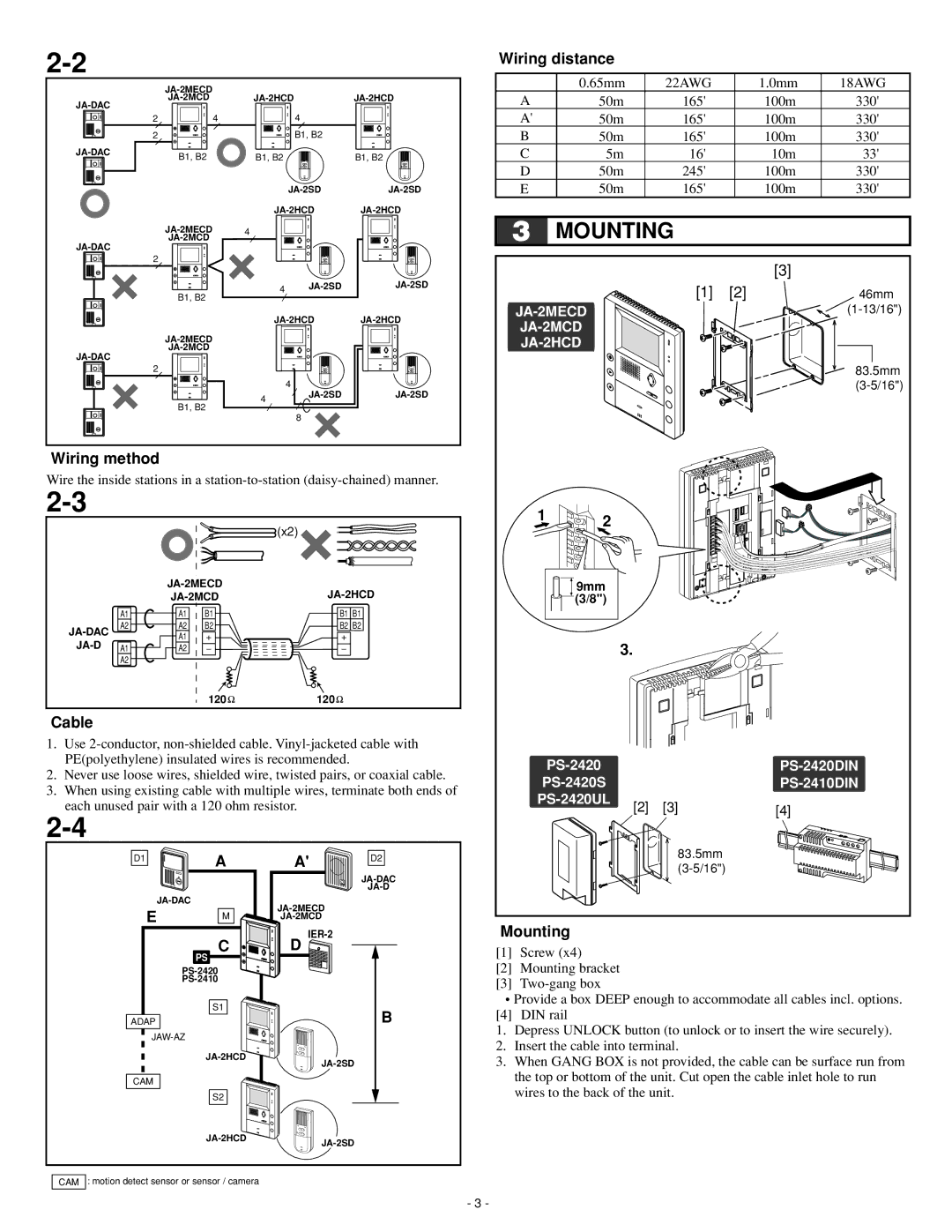 Aiphone Ja-2hcd, JA-2MECD, JA-2MCD operation manual Mounting, Wiring method, Cable, Wiring distance 