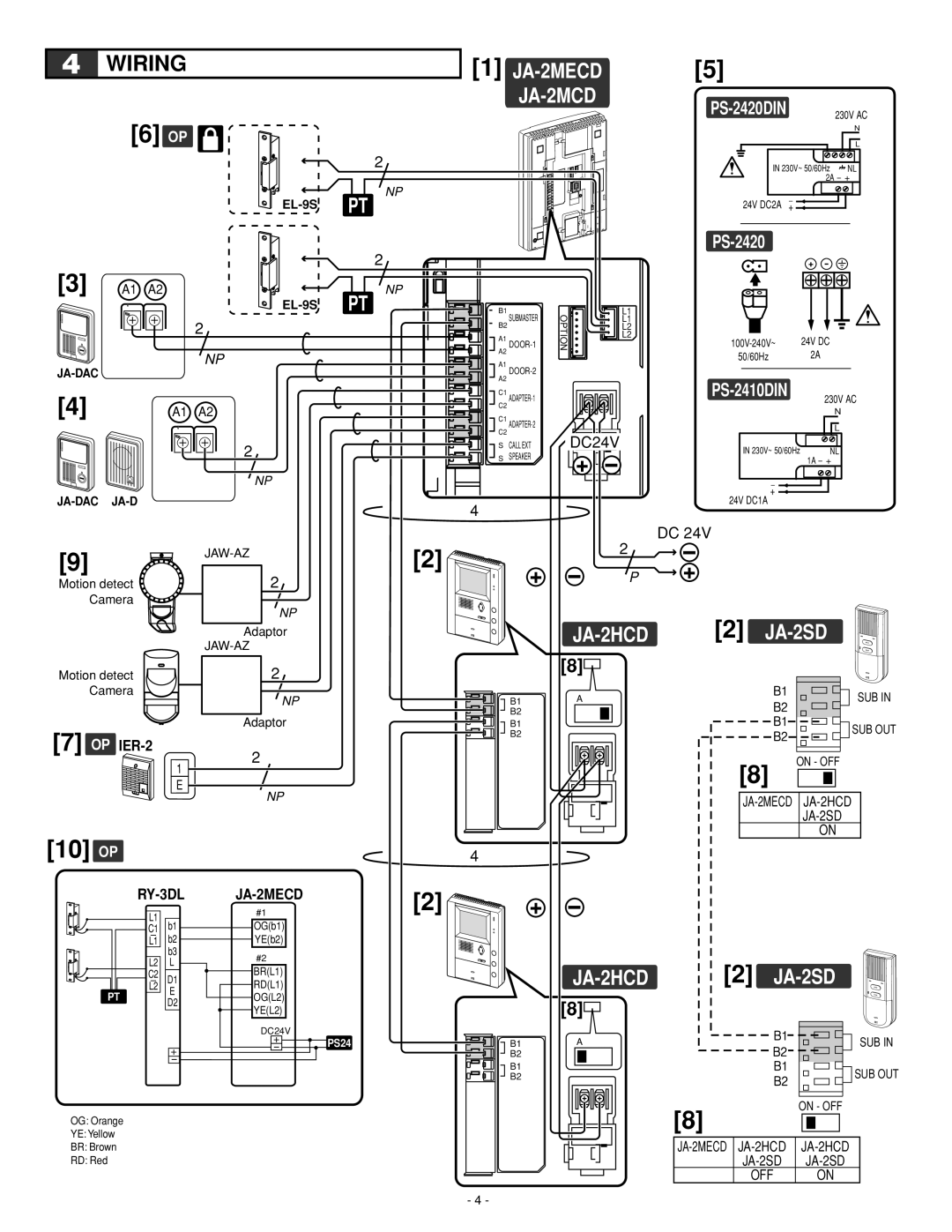 Aiphone JA-2MECD, Ja-2hcd operation manual Wiring, JA-2MCD 