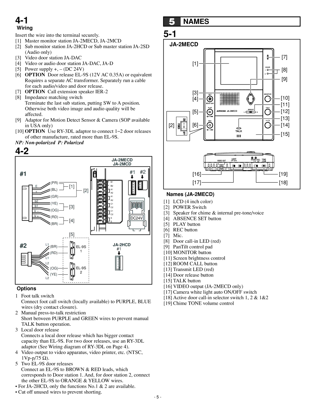 Aiphone JA-2MCD, Ja-2hcd operation manual Wiring, Options, Names JA-2MECD 