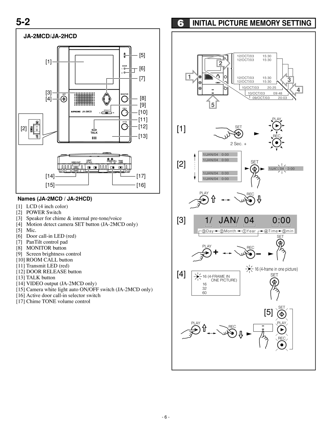 Aiphone Ja-2hcd, JA-2MECD operation manual Initial Picture Memory Setting, Names JA-2MCD / JA-2HCD 