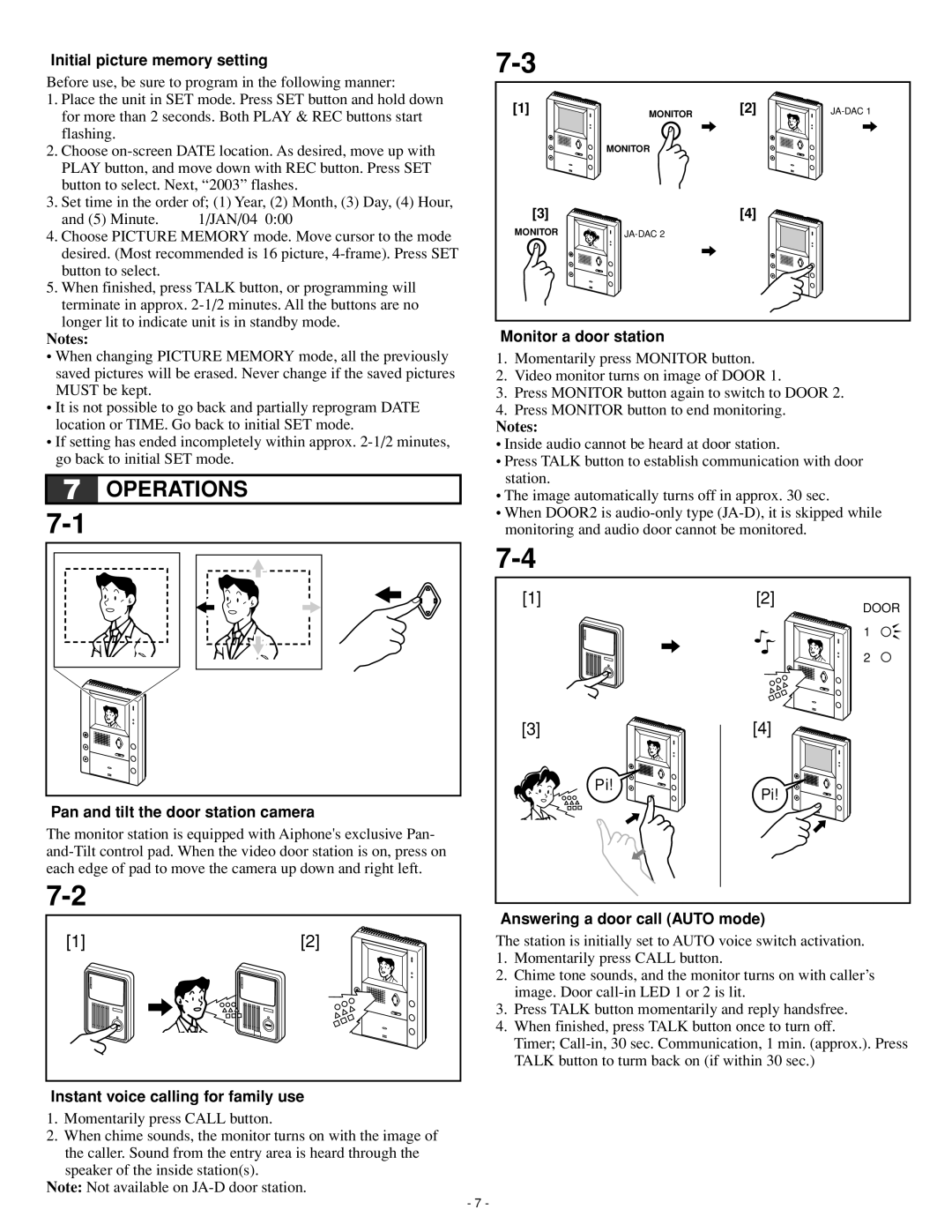 Aiphone JA-2MECD, Ja-2hcd Initial picture memory setting, Pan and tilt the door station camera, Monitor a door station 