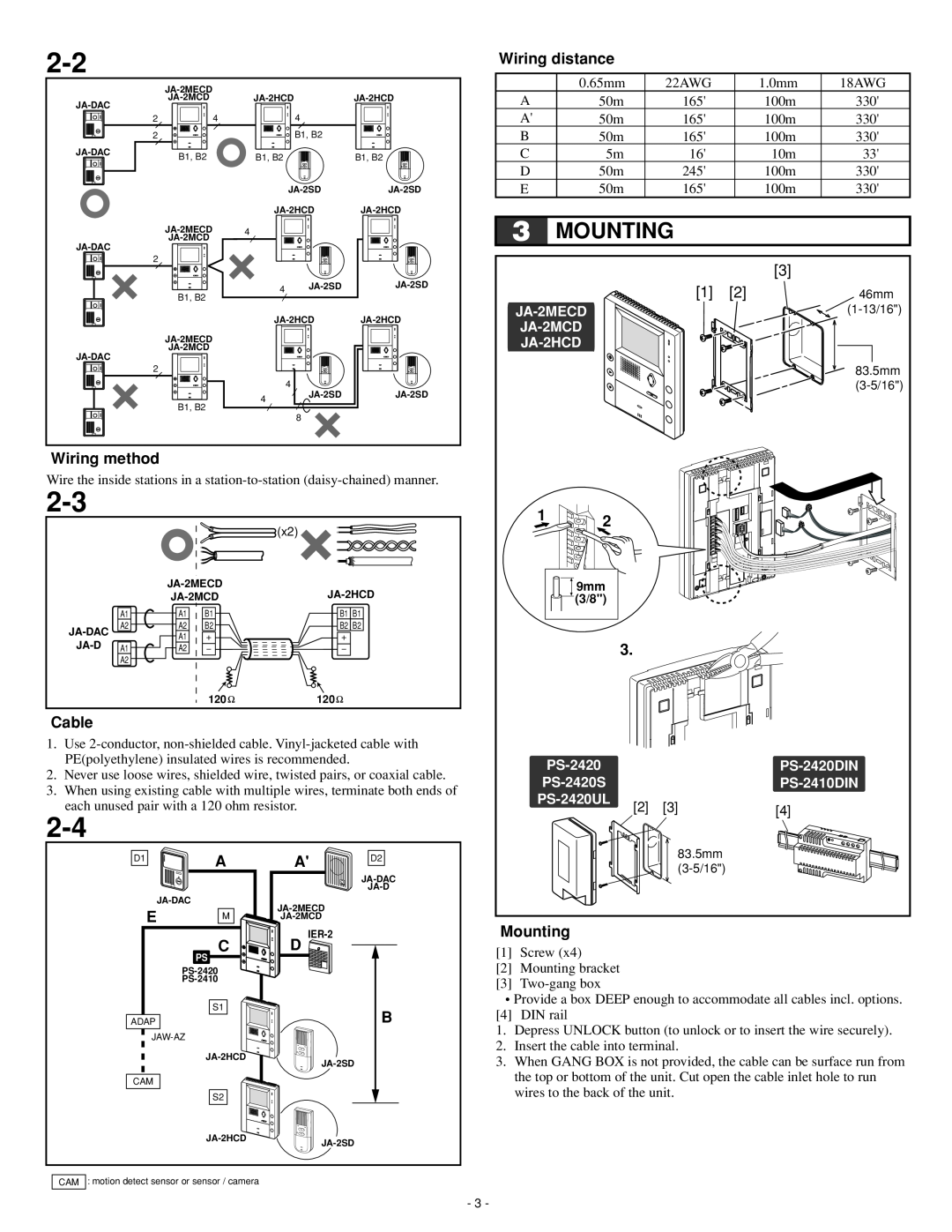 Aiphone Ja-2hcd, JA-2MECD, JA-2MCD operation manual Mounting, Wiring method, Cable, Wiring distance 