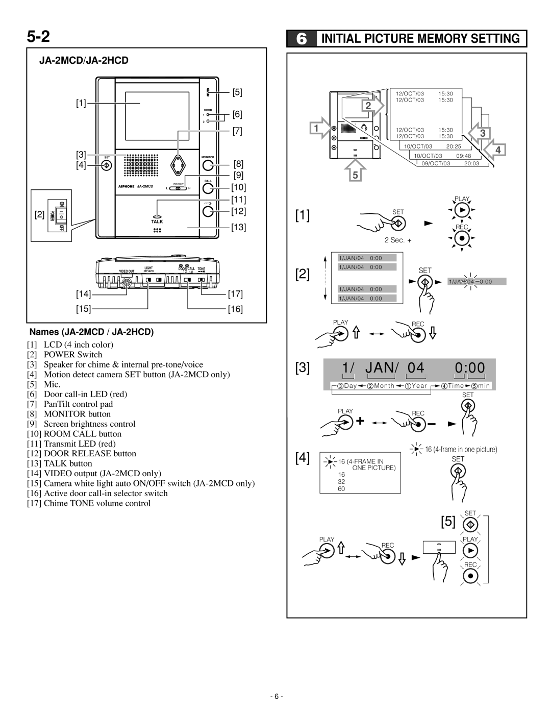 Aiphone Ja-2hcd, JA-2MECD operation manual Initial Picture Memory Setting, JA-2MCD/JA-2HCD, Names JA-2MCD / JA-2HCD 