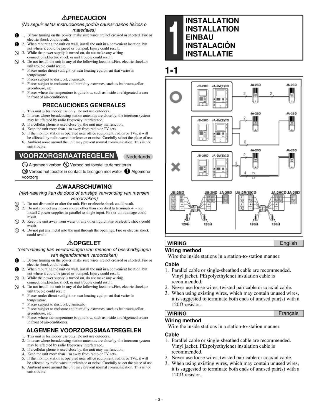 Aiphone ja-2sd operation manual Installation Einbau Instalación Installatie, Wiring 