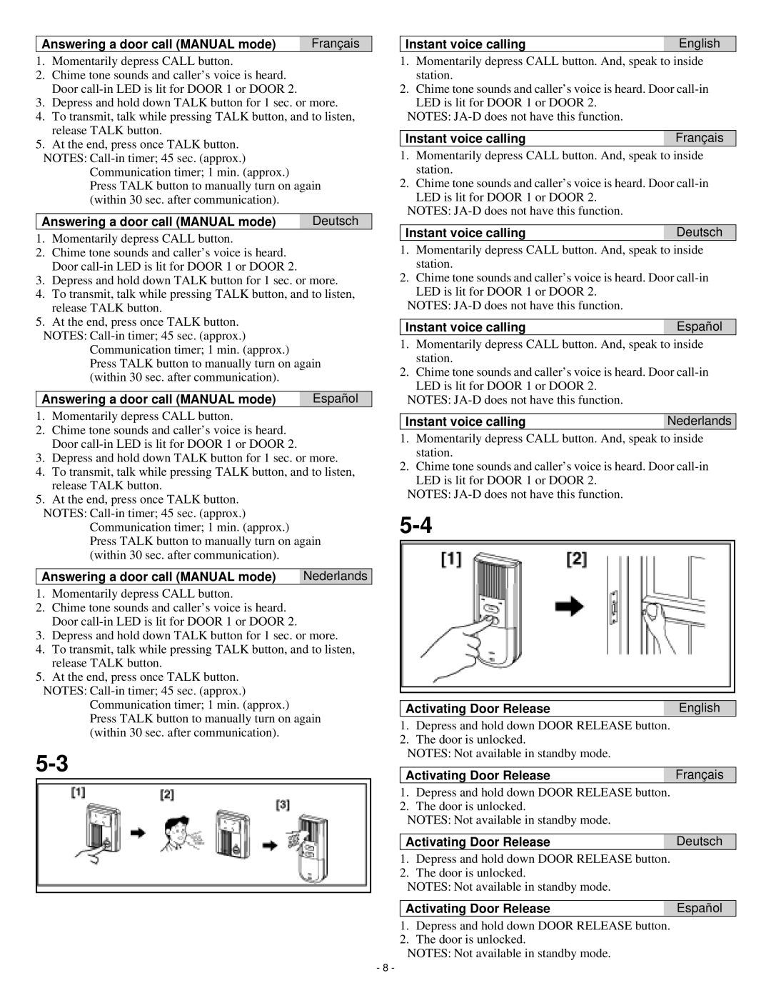 Aiphone ja-2sd operation manual Answering a door call Manual mode Français, Answering a door call Manual mode Deutsch 