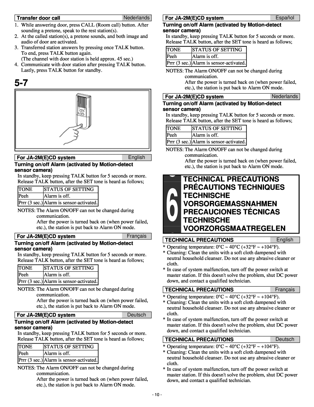 Aiphone ja-2sd operation manual Technical Precautions Précautions Techniques Technische, Voorzorgsmaatregelen 