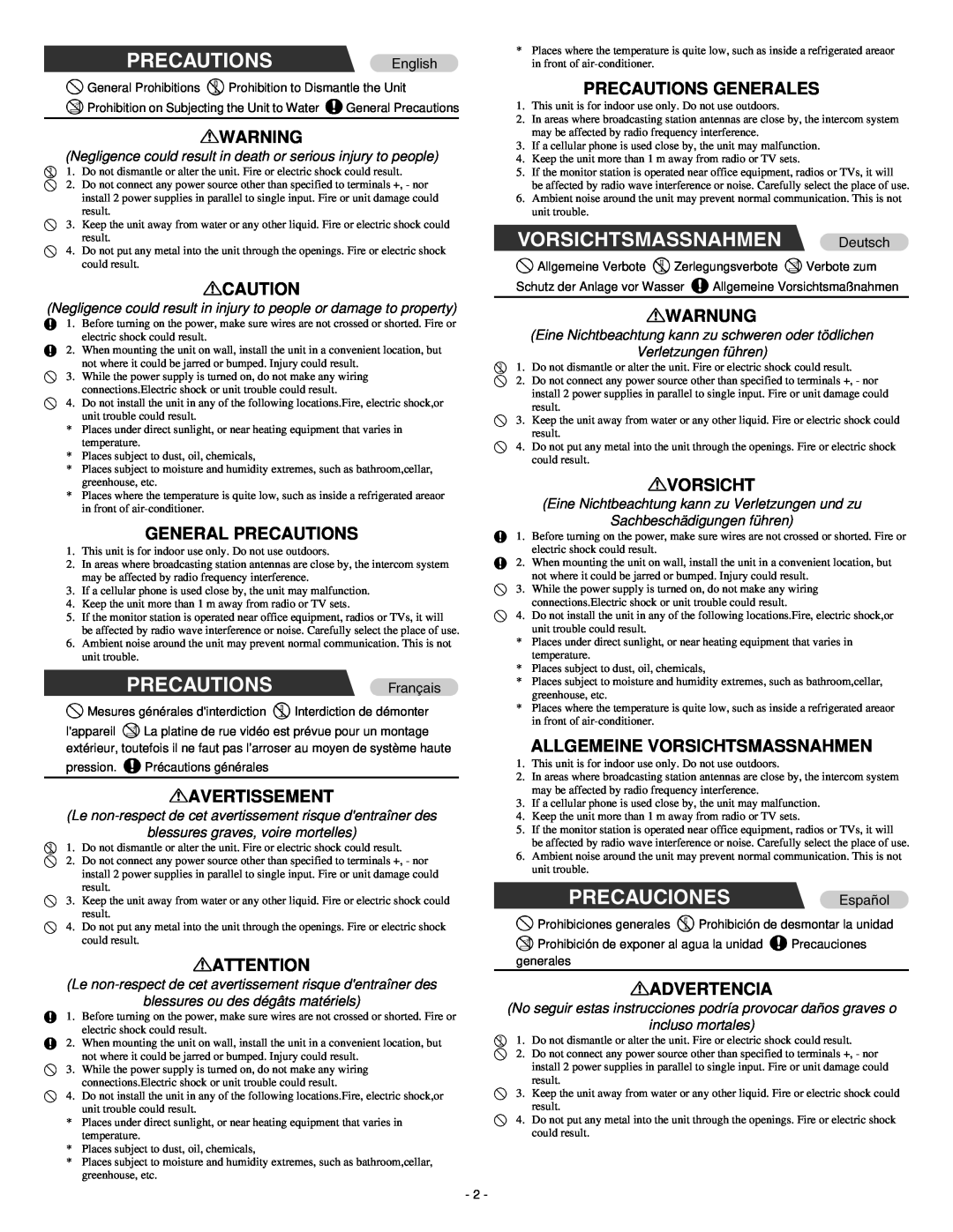 Aiphone ja-2sd operation manual General Precautions, Avertissement, Precautions Generales, Warnung, Vorsicht, Advertencia 