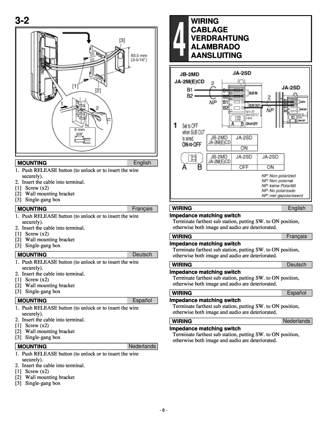 Aiphone ja-2sd operation manual Wiring, Cablage, Verdrahtung, Alambrado, Aansluiting 
