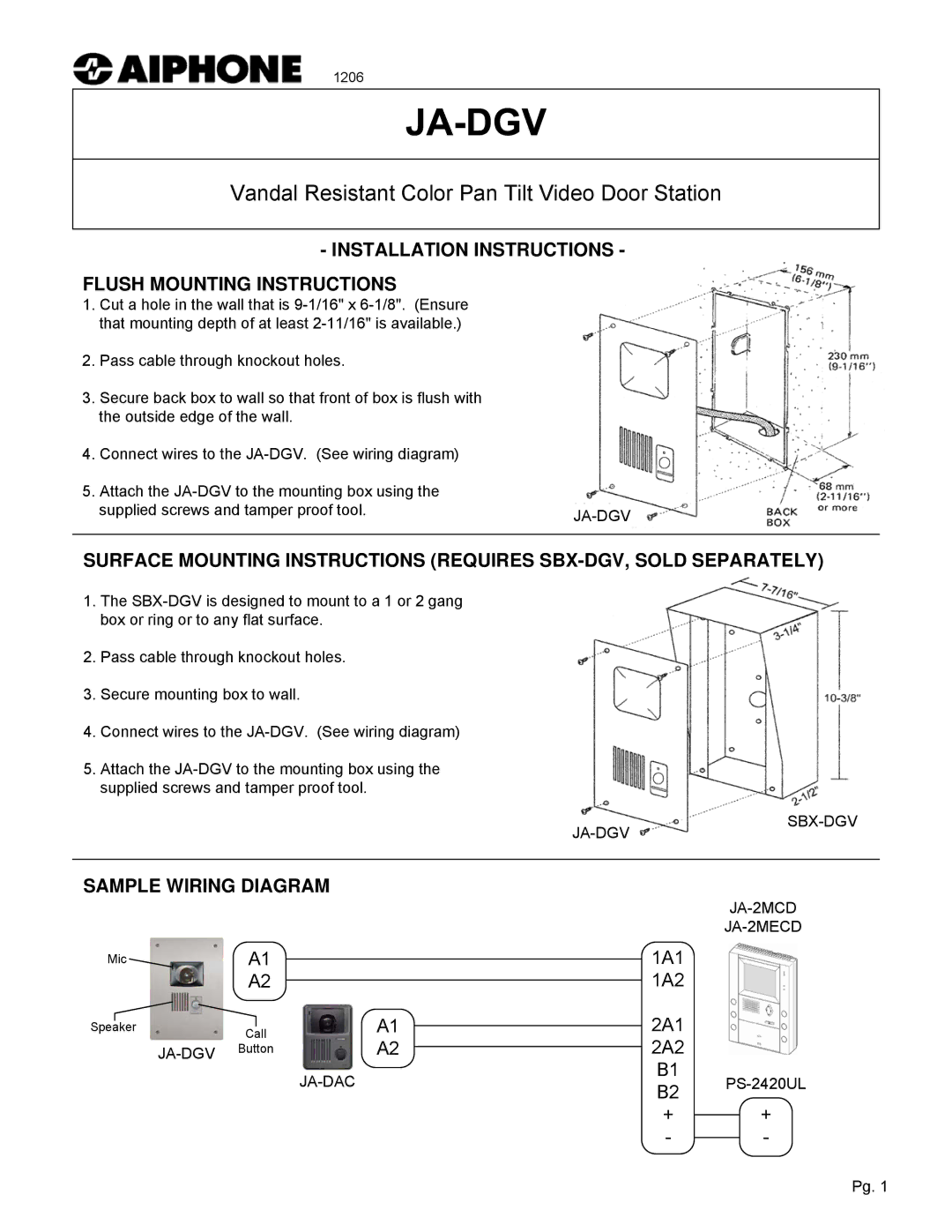 Aiphone JA-DGV installation instructions Installation Instructions Flush Mounting Instructions, Sample Wiring Diagram, 2A1 