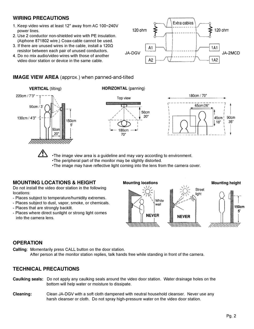 Aiphone JA-DGV Wiring Precautions, Image View Area approx. when panned-and-tilted, Mounting Locations & Height, Operation 