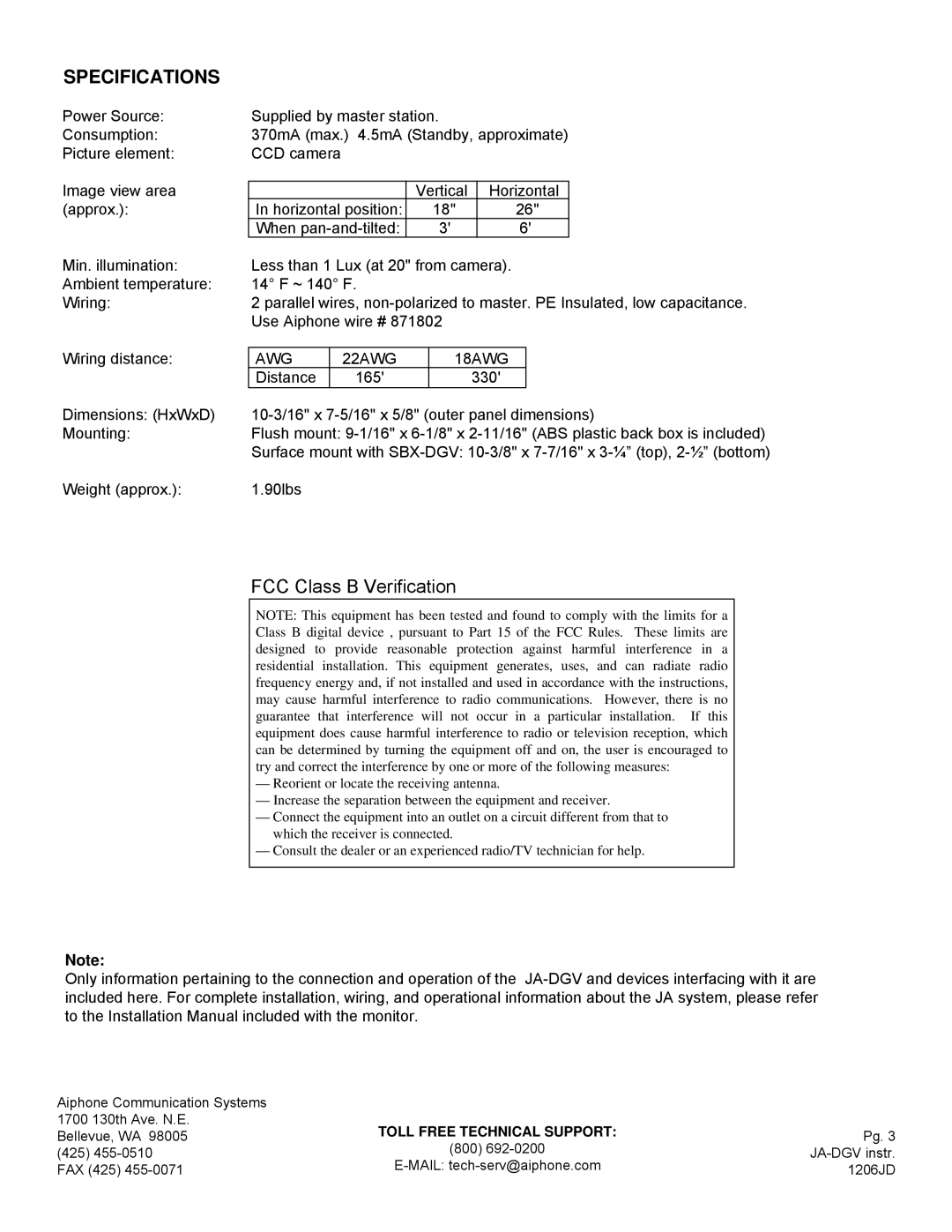 Aiphone JA-DGV installation instructions Specifications, FCC Class B Verification 