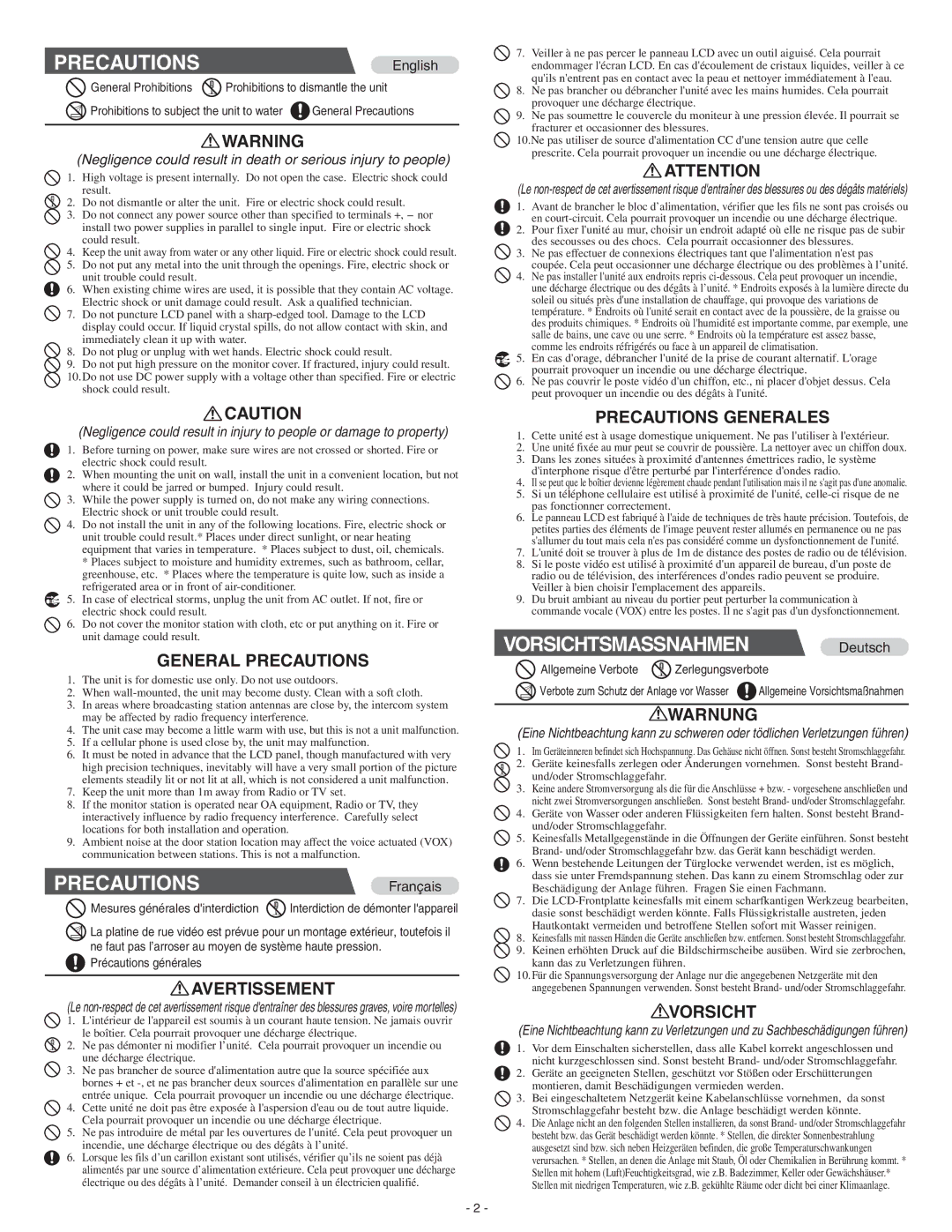 Aiphone JB-2HD, JB-2MD operation manual PRECAUTIONSEnglish 