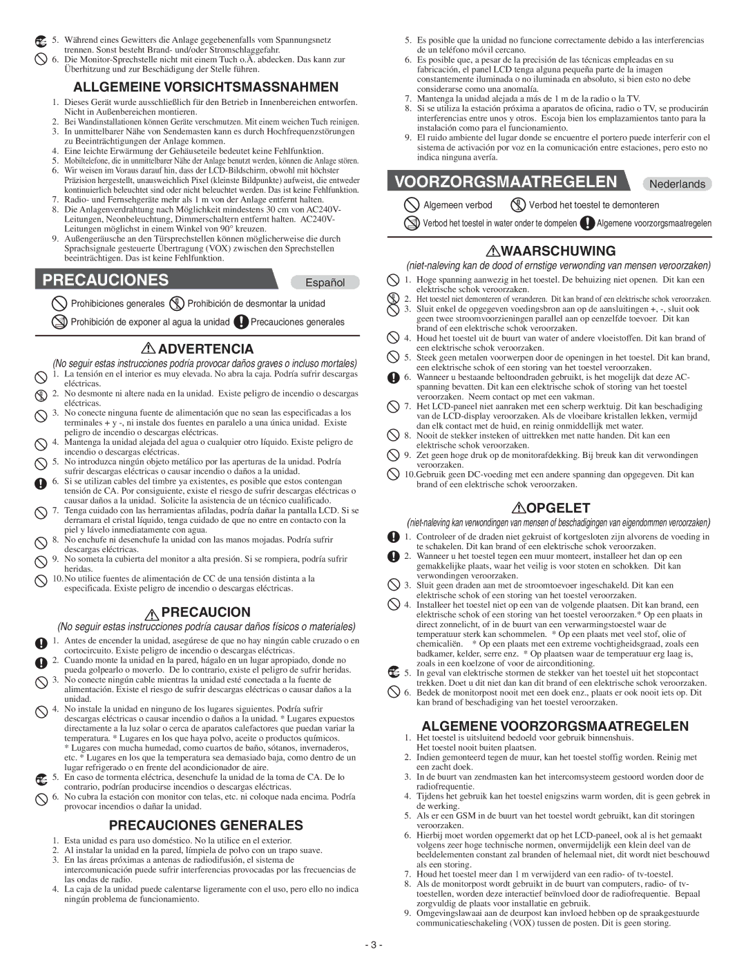 Aiphone JB-2MD, JB-2HD operation manual PRECAUCIONESEspañol 