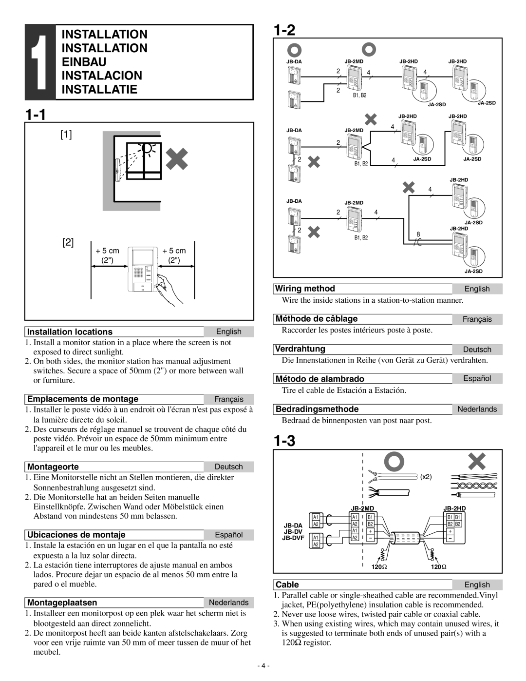 Aiphone JB-2HD Installation locations, Emplacements de montage, Wiring method, Méthode de câblage, Verdrahtung, Cable 