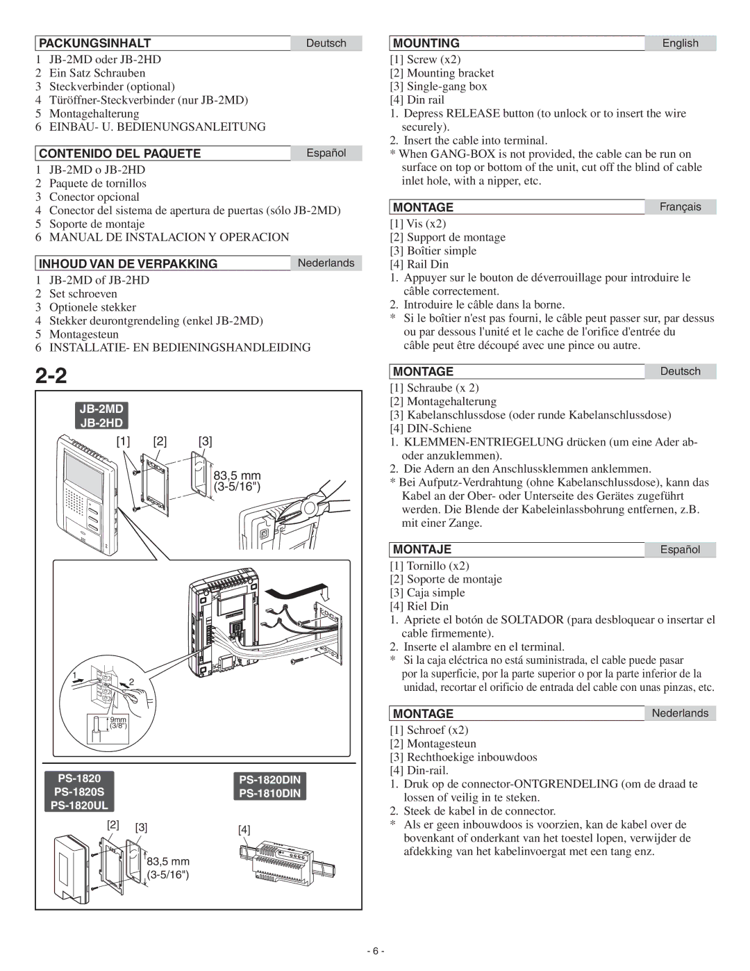 Aiphone JB-2HD, JB-2MD Packungsinhalt, Contenido DEL Paquete, Inhoud VAN DE Verpakking, Mounting, Montage, Montaje 