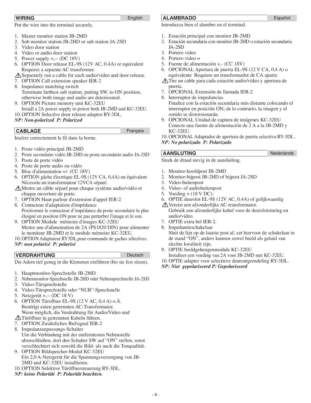 Aiphone JB-2MD, JB-2HD operation manual Wiring, Cablage, Verdrahtung, Alambrado, Aansluting 