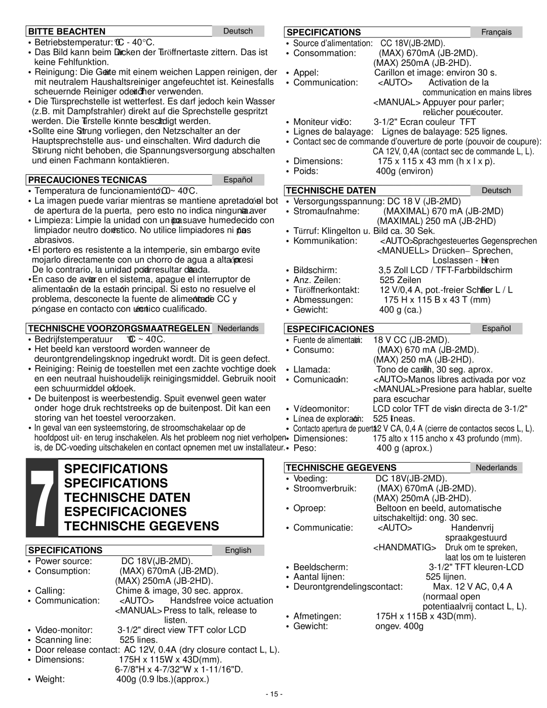 Aiphone JB-2HD operation manual Bitte Beachten, Precauciones Tecnicas, Specifications, Technische Daten, Especificaciones 