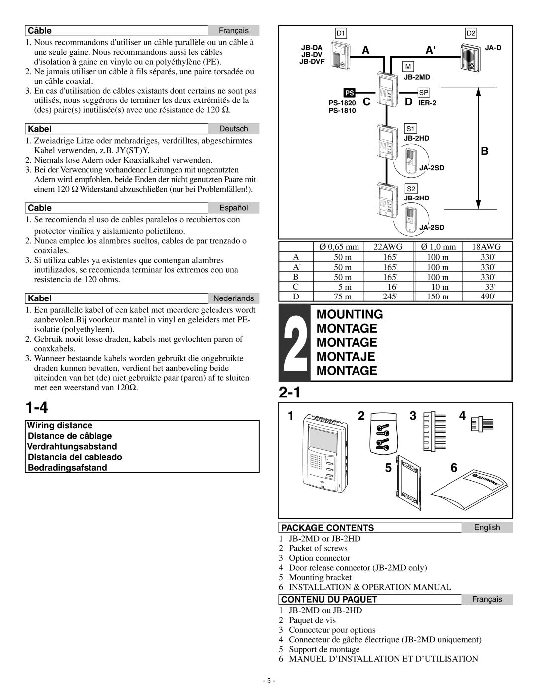 Aiphone JB-2HD operation manual Package Contents, Contenu DU Paquet 