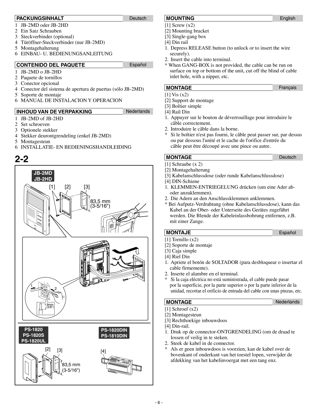 Aiphone JB-2HD operation manual Packungsinhalt, Contenido DEL Paquete, Inhoud VAN DE Verpakking, Mounting, Montage, Montaje 