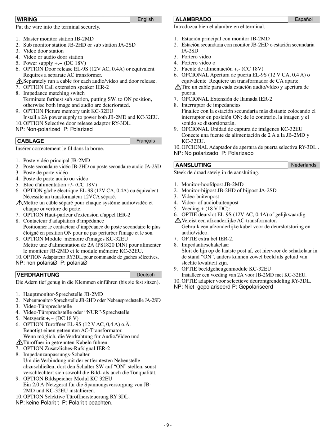 Aiphone JB-2HD operation manual Wiring, Cablage, Verdrahtung, Alambrado, Aansluting 