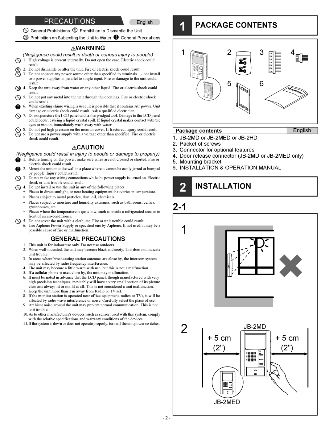 Aiphone JB-2MED operation manual Package Contents, Installation 