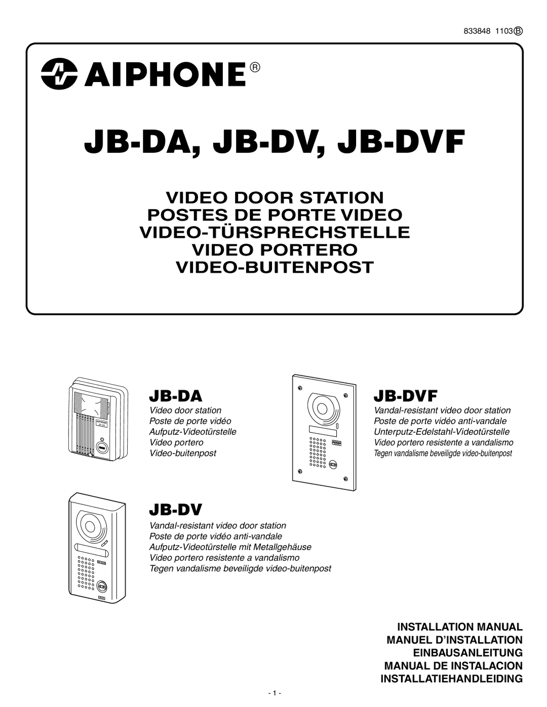 Aiphone JB-DVF installation manual Jb-Da, Jb-Dv, Jb-Dvf 