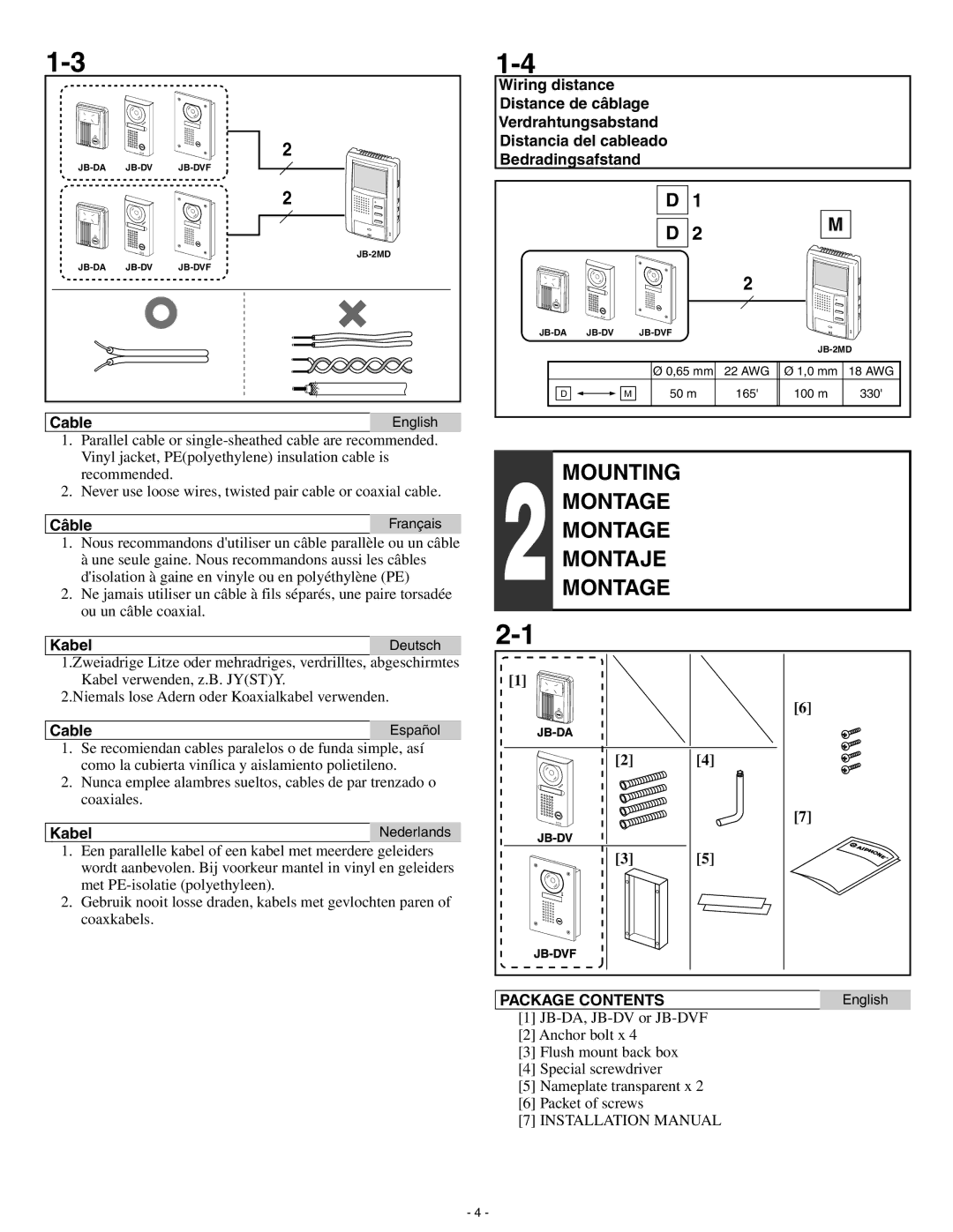 Aiphone JB-DVF, Jb-Da installation manual Mounting, Package Contents 