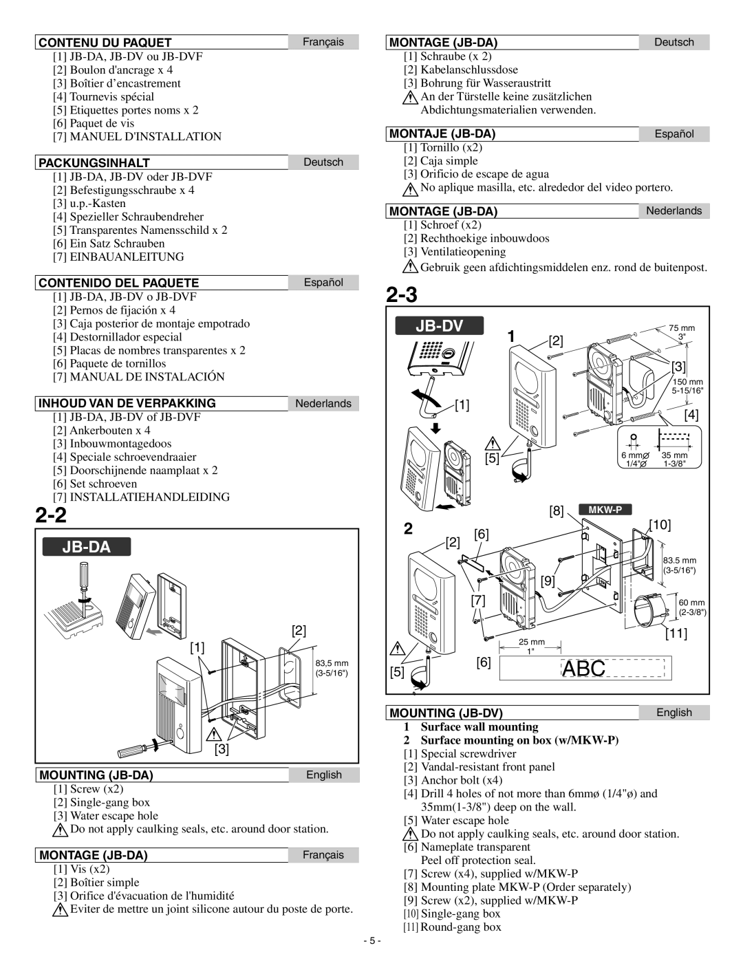 Aiphone JB-DV, Jb-Da Contenu DU Paquet, Packungsinhalt, Contenido DEL Paquete, Inhoud VAN DE Verpakking, Mounting JB-DA 