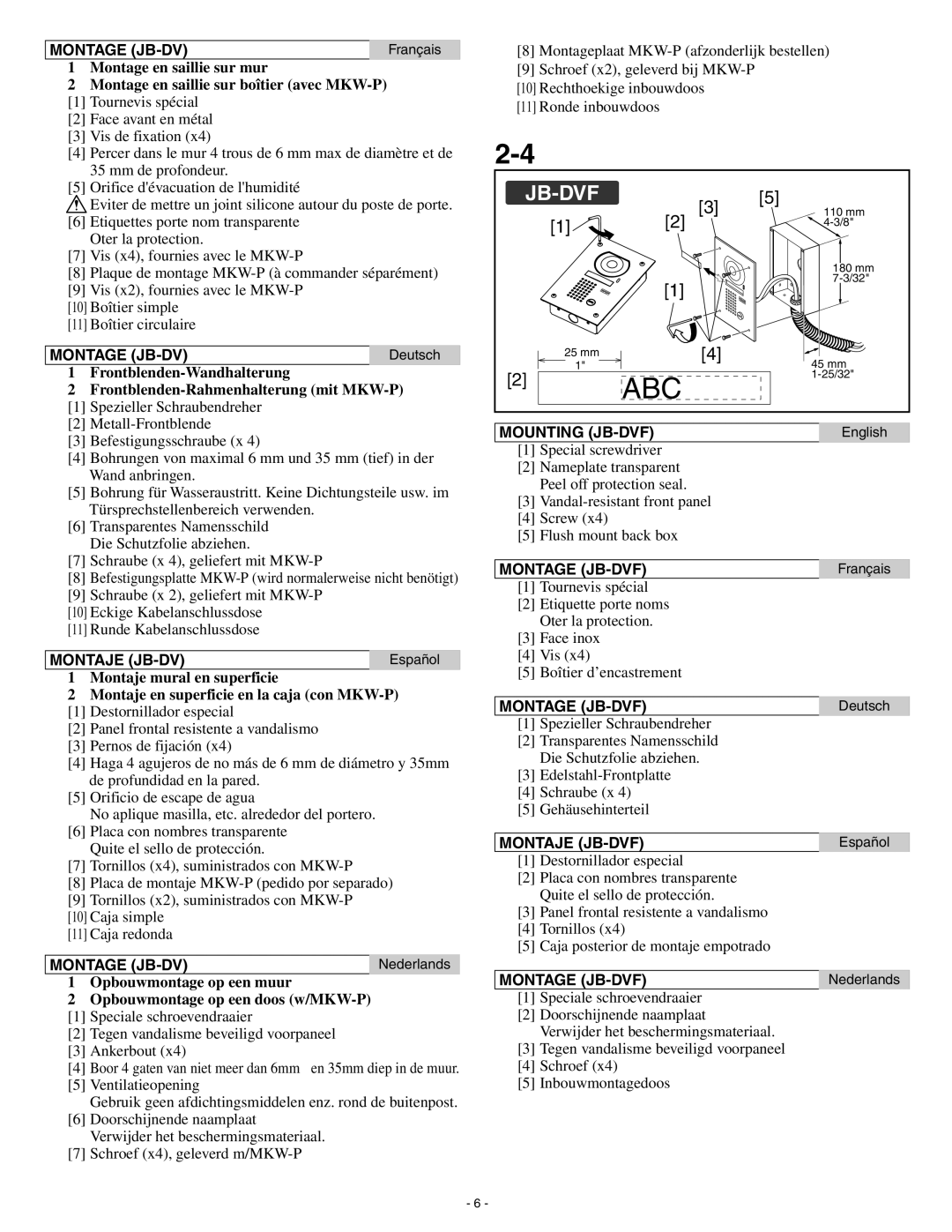 Aiphone Jb-Da installation manual Mounting JB-DVF, Montage JB-DVF, Montaje JB-DVF 