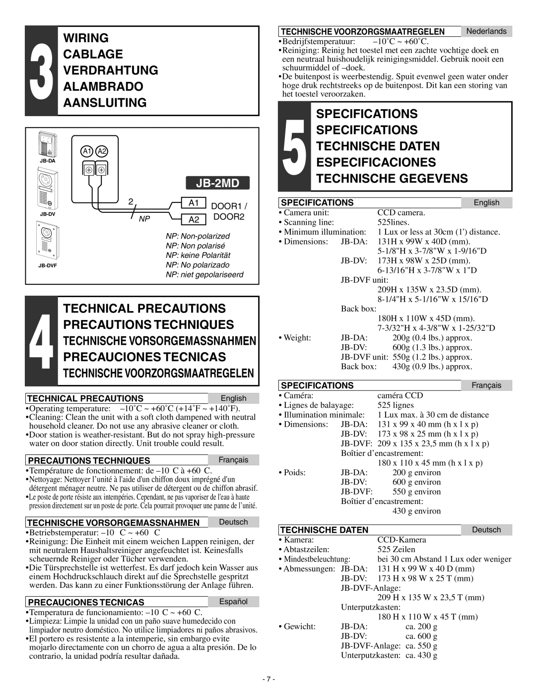 Aiphone JB-DVF, Jb-Da installation manual Wiring Cablage Verdrahtung Alambrado Aansluiting, Technical Precautions 