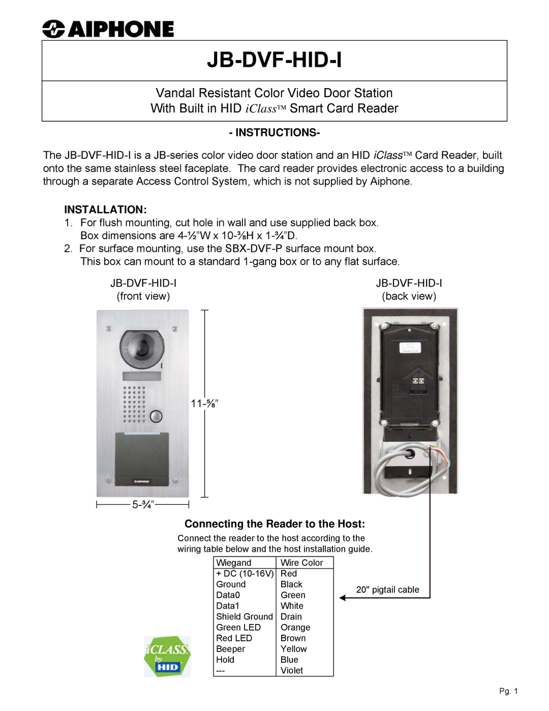 Aiphone JB-DVF-HID-I dimensions Instructions, Installation, Connecting the Reader to the Host 