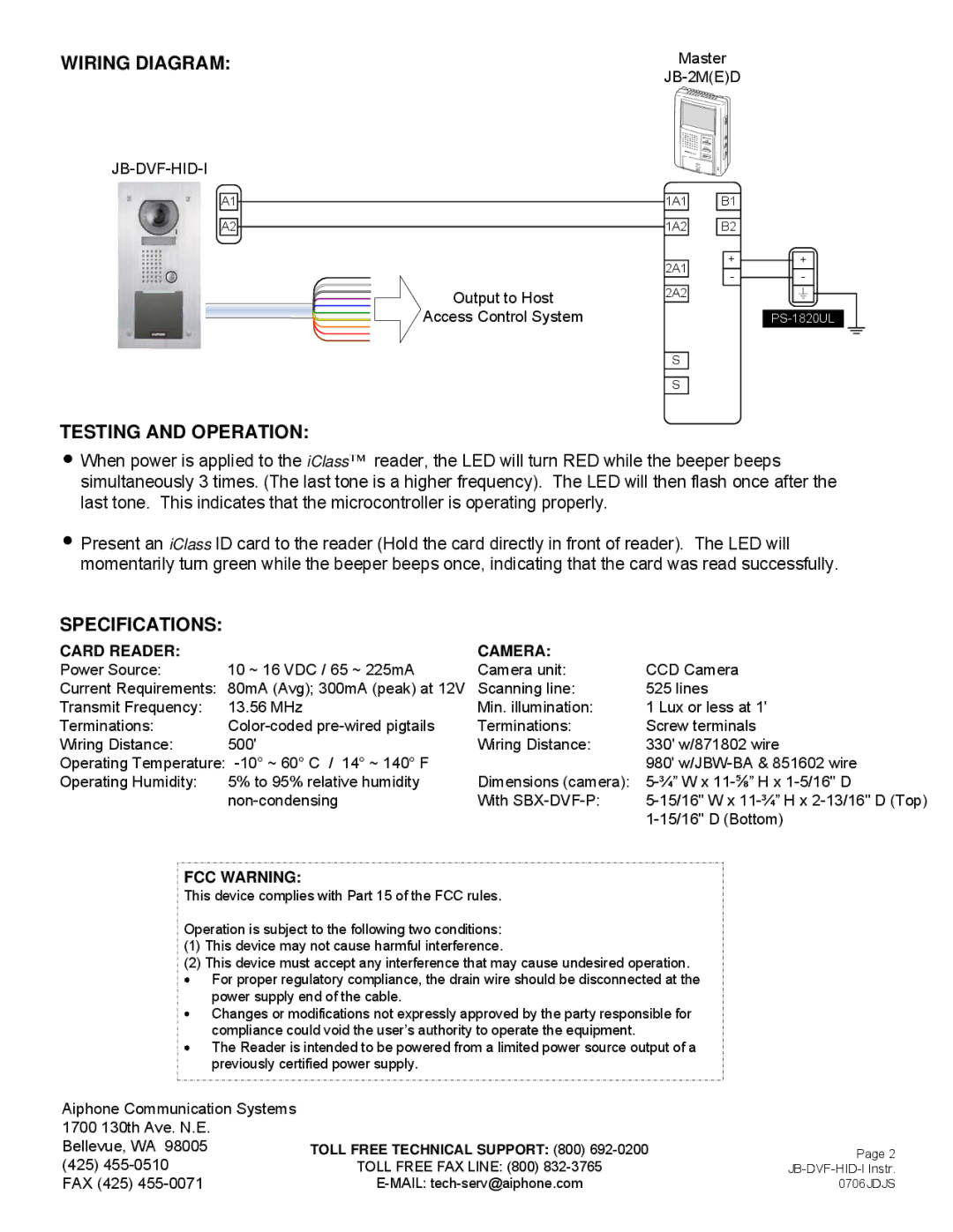 Aiphone JB-DVF-HID-I dimensions Wiring Diagram, Testing and Operation, Specifications, Card Reader Camera, FCC Warning 