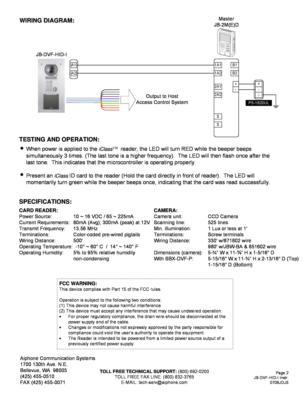 Aiphone JB-DVF-HID-I dimensions Wiring Diagram, Testing And Operation, Specifications, Card Reader, Camera, Fcc Warning 