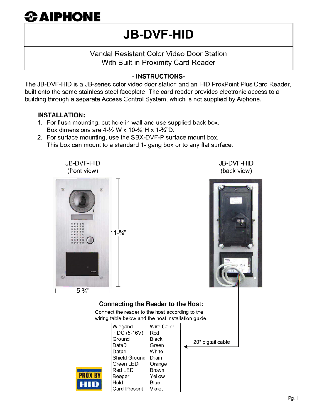 Aiphone JB-DVF-HID dimensions Instructions, Installation, Connecting the Reader to the Host 