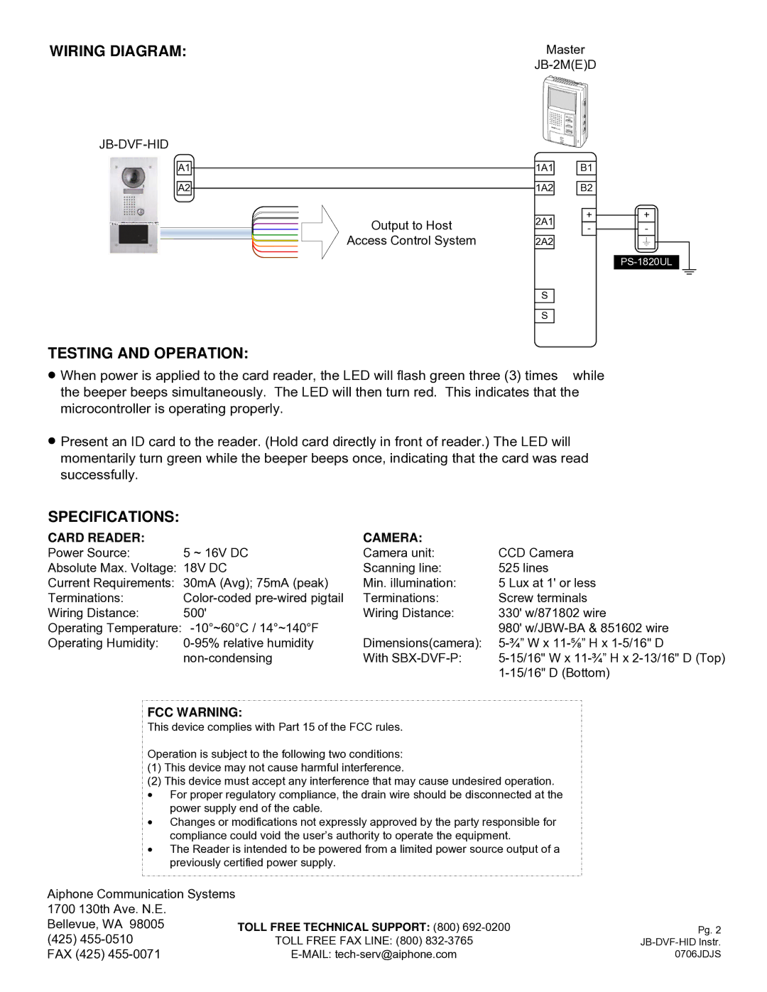 Aiphone JB-DVF-HID dimensions Wiring Diagram, Testing and Operation, Specifications, Card Reader Camera, FCC Warning 