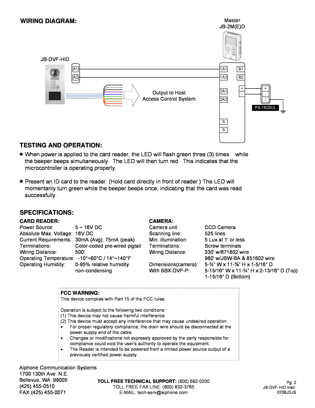 Aiphone JB-DVF-HID dimensions Wiring Diagram, Testing And Operation, Specifications, Card Reader, Camera, Fcc Warning 