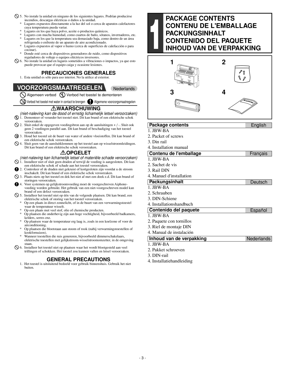 Aiphone JBW-BA installation manual Package Contents 