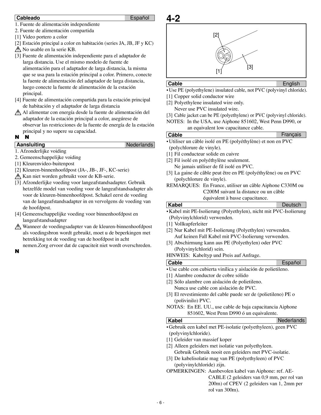 Aiphone JBW-BA Cableado Español, Aansluiting Nederlands, Cable English, Câble Français, Kabel Deutsch, Cable Español 