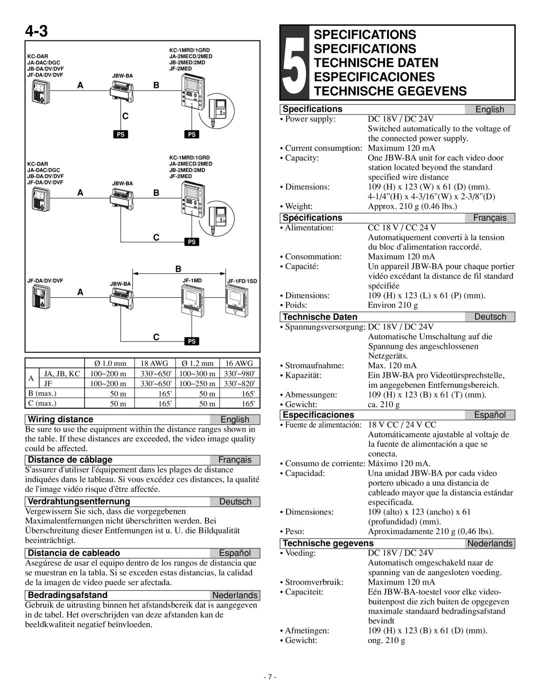 Aiphone JBW-BA Wiring distanceEnglish, Distance de câblageFrançais, VerdrahtungsentfernungDeutsch, Specifications 