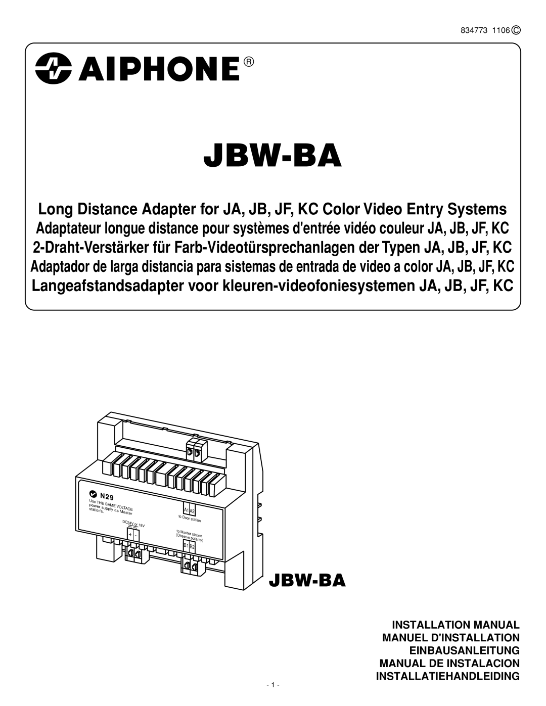 Aiphone JBW-BA installation manual Jbw-Ba 