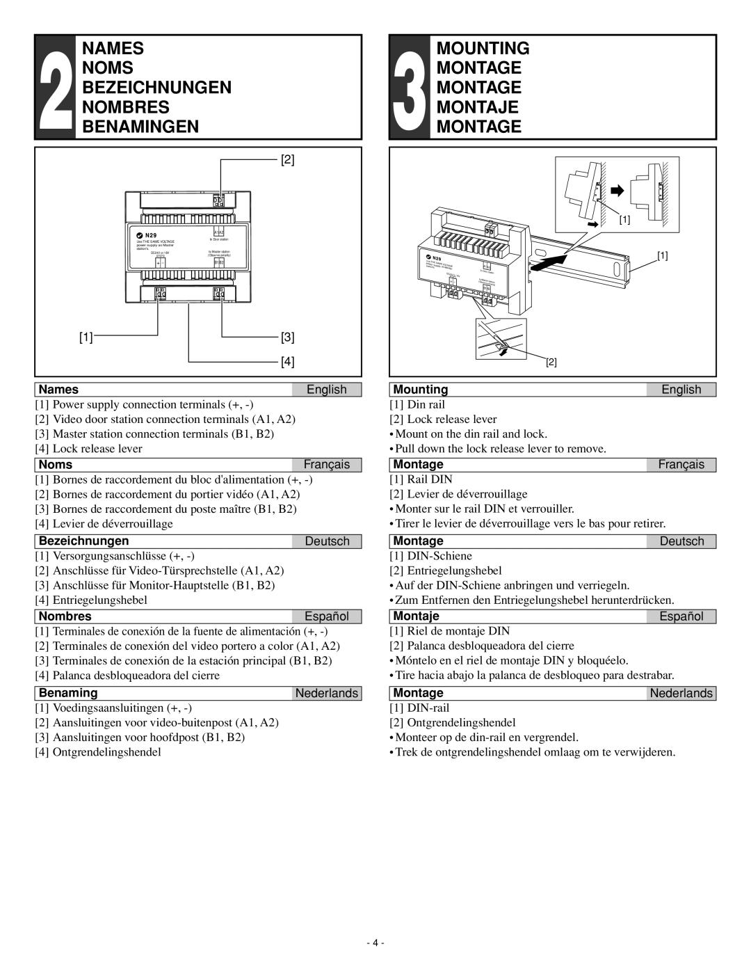 Aiphone JBW-BA installation manual NAMES 2NOMS BEZEICHNUNGEN NOMBRES BENAMINGEN, Mounting, 3MONTAGE MONTAGE MONTAJE MONTAGE 