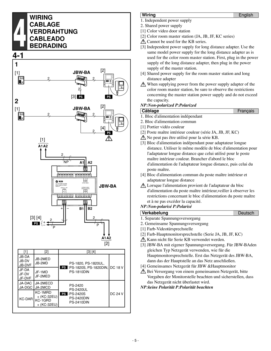 Aiphone JBW-BA installation manual Wiring, Cablage, Verdrahtung, NPNon-polarized PPolarized, NPNon-polarisé PPolarisé 