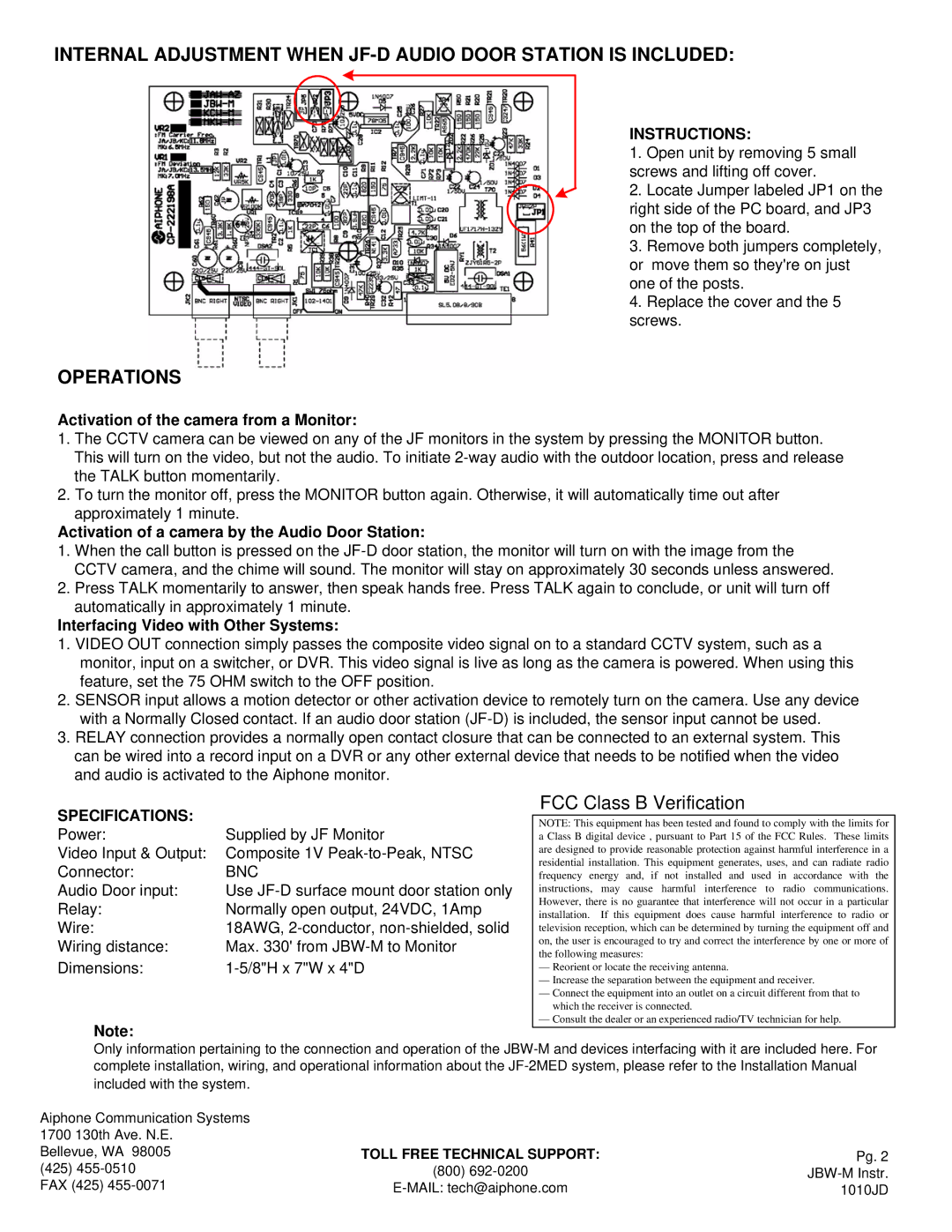 Aiphone JBW-M manual Operations, Instructions, Specifications 