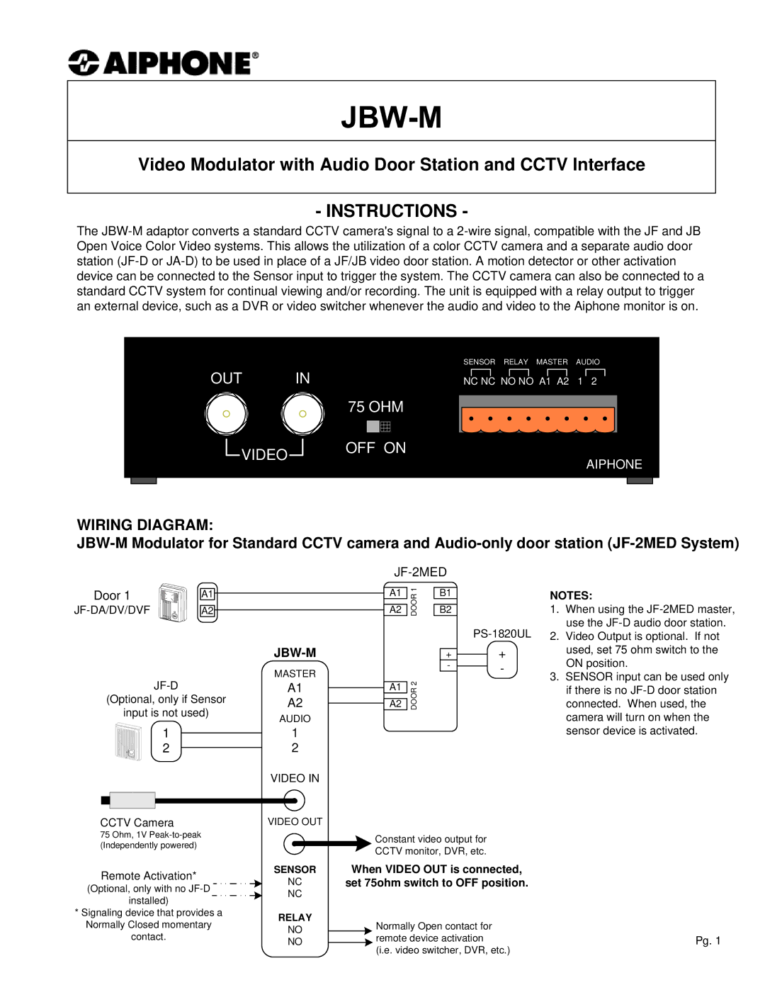 Aiphone JBW-M manual Wiring Diagram, Jbw-M, JF-2MED 