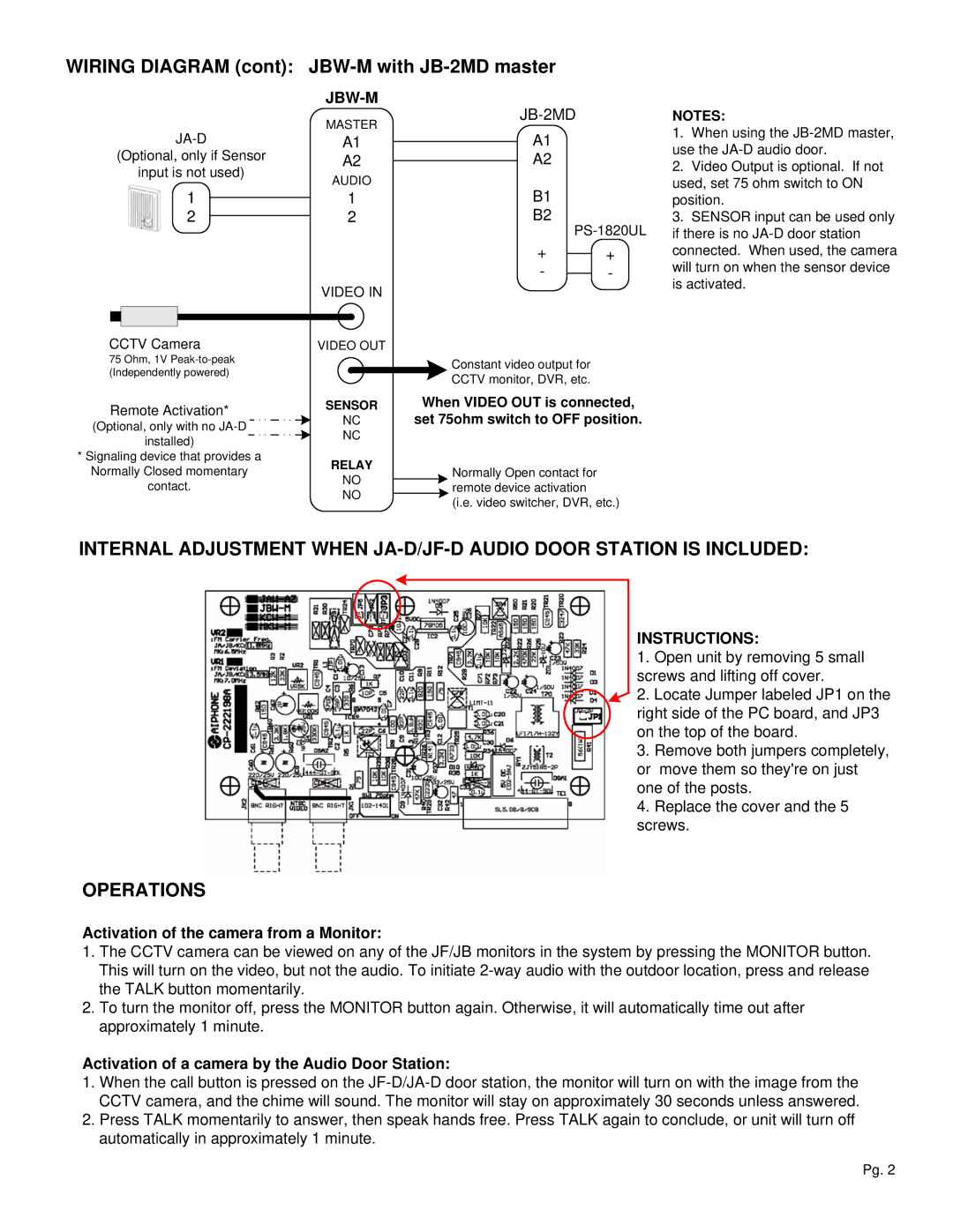 Aiphone JBW-M manual Operations, JB-2MD, Instructions, Activation of the camera from a Monitor 