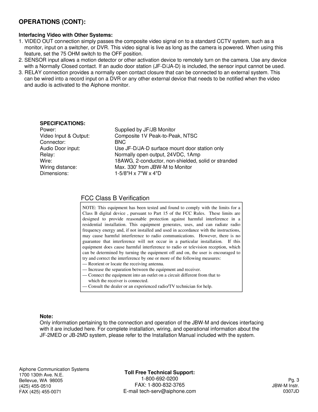 Aiphone JBW-M manual Interfacing Video with Other Systems, Specifications, Bnc 